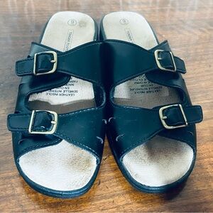 Tender Tootsies Black Slide Sandals with Gold-Tone Buckles